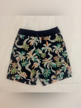 Kids Black Tropical Palm Print Swim Trunks